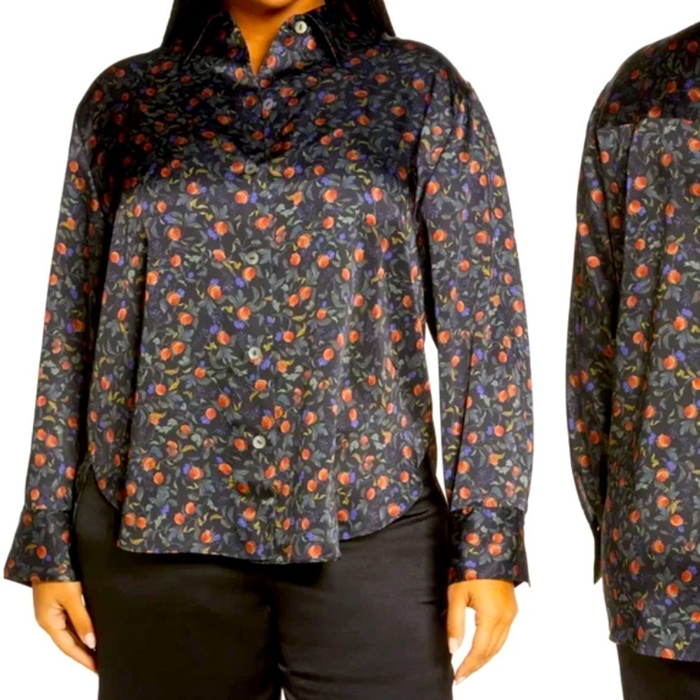 Elie Tahari Pomegranate Button-Up Print Blouse, Size L